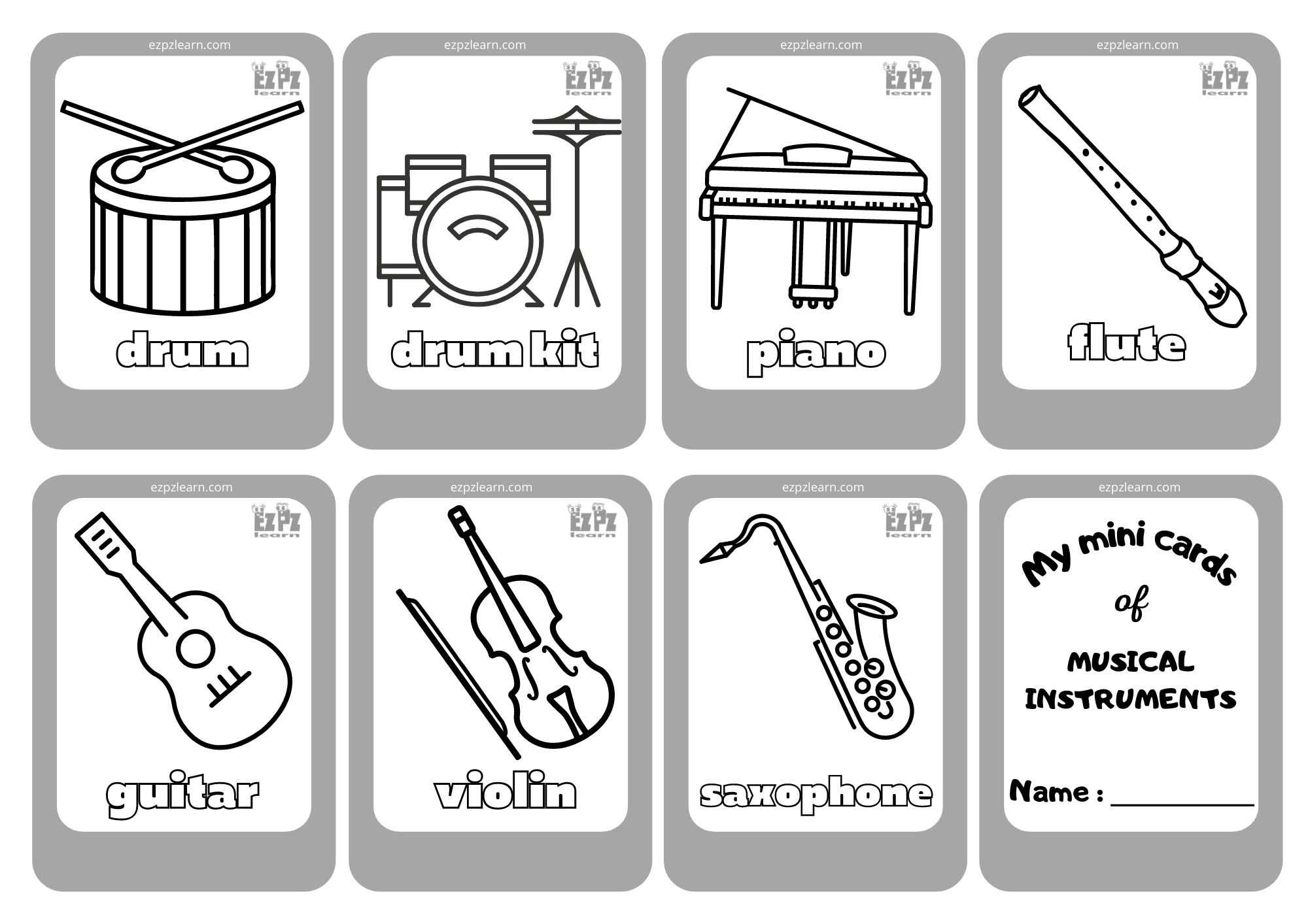 Musical Instruments 1 Mini Cards Coloring